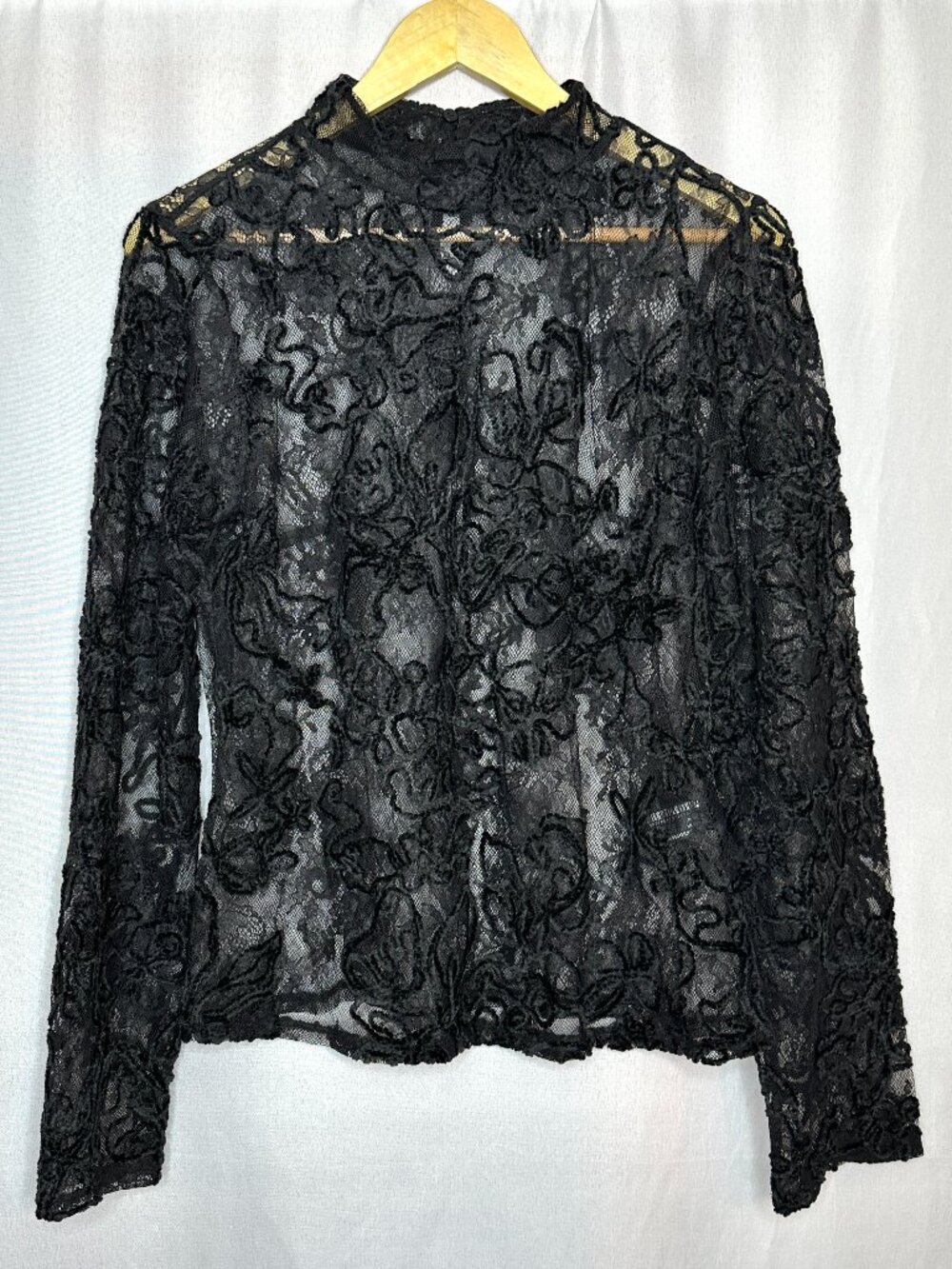 Zara Sheer Lace Raised Velvet Design Mock Neck Top, X-Large Coquette Whimsigoth